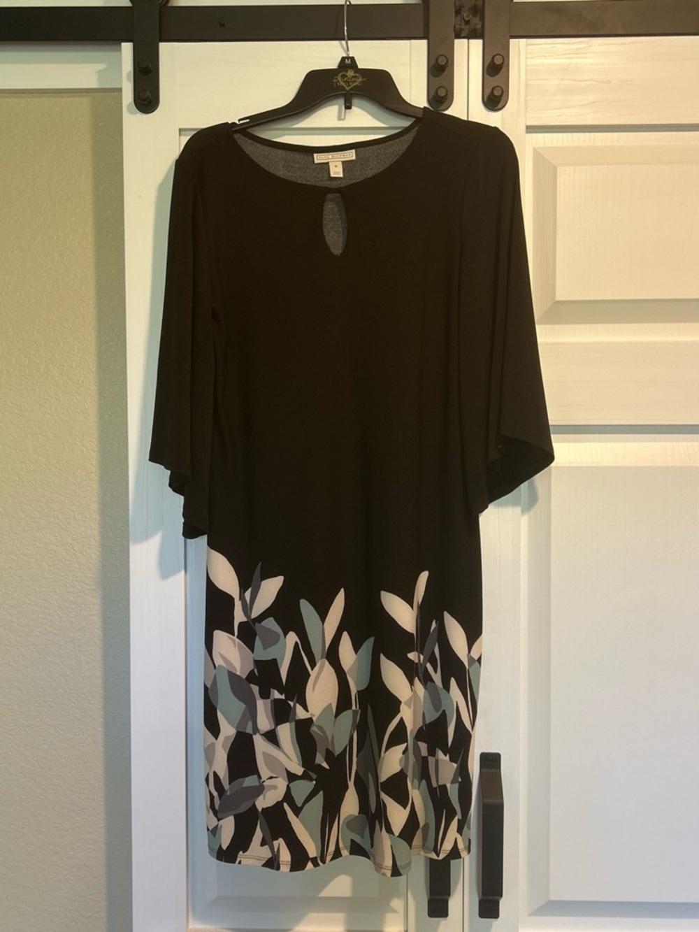 Dana Buchman Black Midi Dress with Cream and Blue Leaf Print